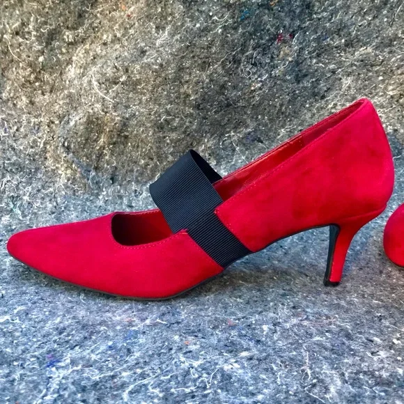 IMPO Stretch Red Suede Heels size 8 Pointed-Toe Mary Jane - Picture 12 of 14